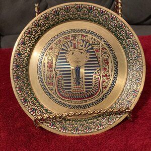 VTG Engraved Brass Enamel Hand-Painted Plate-Mask of Tutankhamen-Egypt-5.5"D-EUC